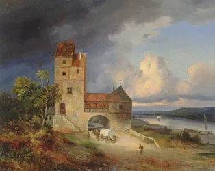 Paesaggio lungo il fiume con torre e porta, 1844